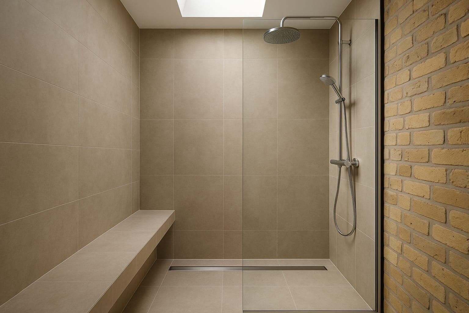 Walk-in shower with frameless glass screen and large format wall tiles