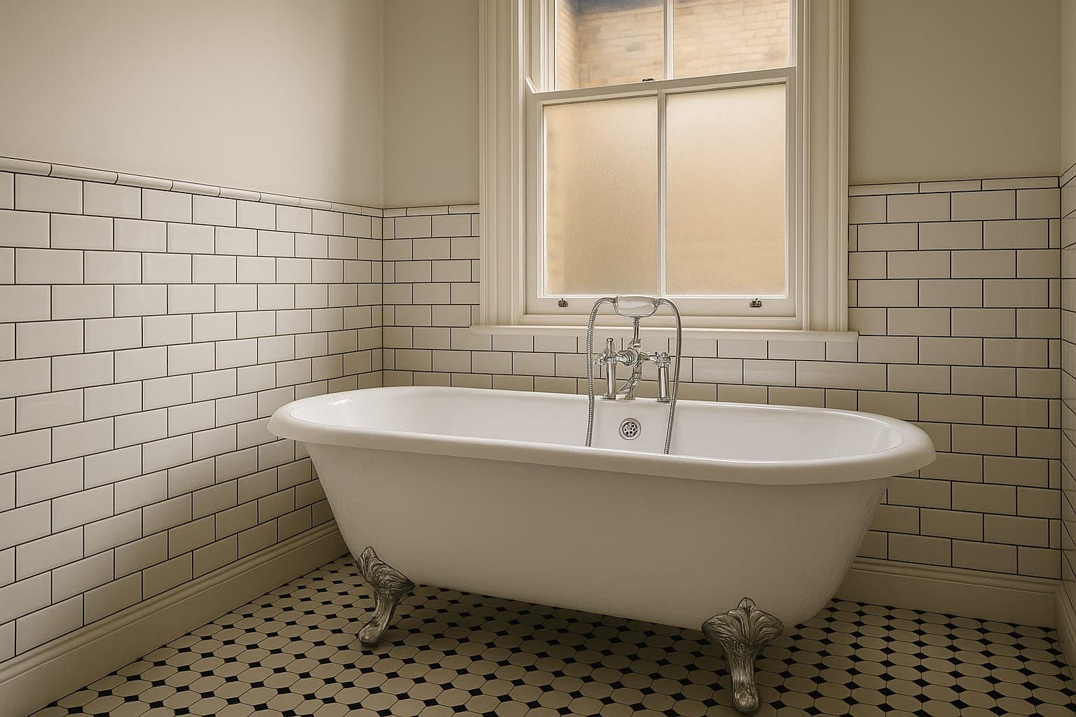 Freestanding bath with brushed brass fixtures in a renovated period bathroom