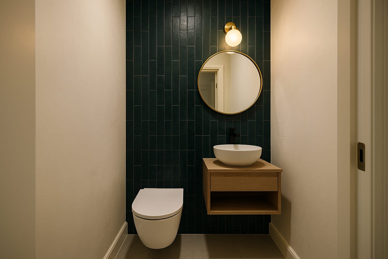 Walk-in shower with a channel drain, full-height stone tiling and recessed niche lighting