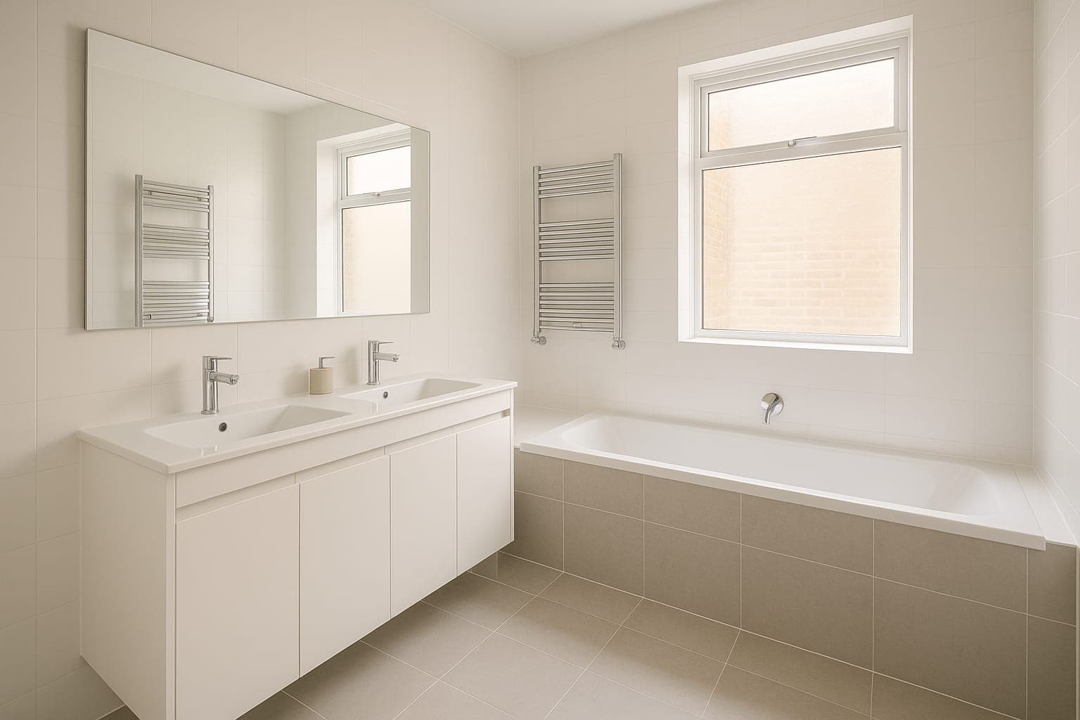 Completed en-suite bathroom with wall-hung vanity and backlit mirror