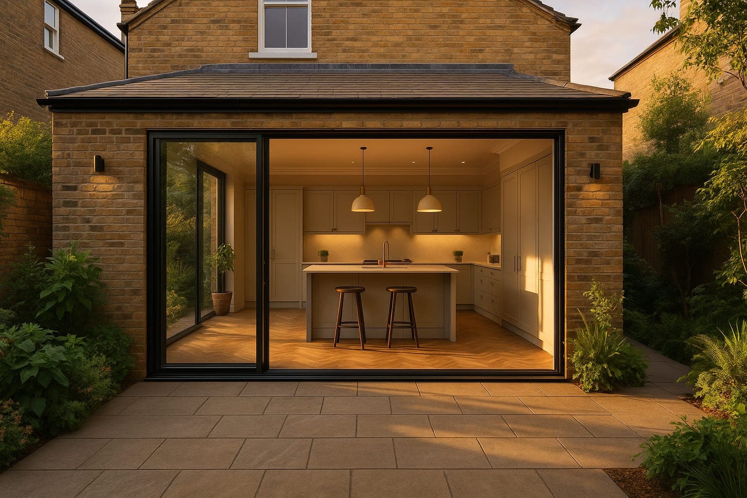 Open-plan kitchen extension with bifold doors in a Victorian terrace, South East London