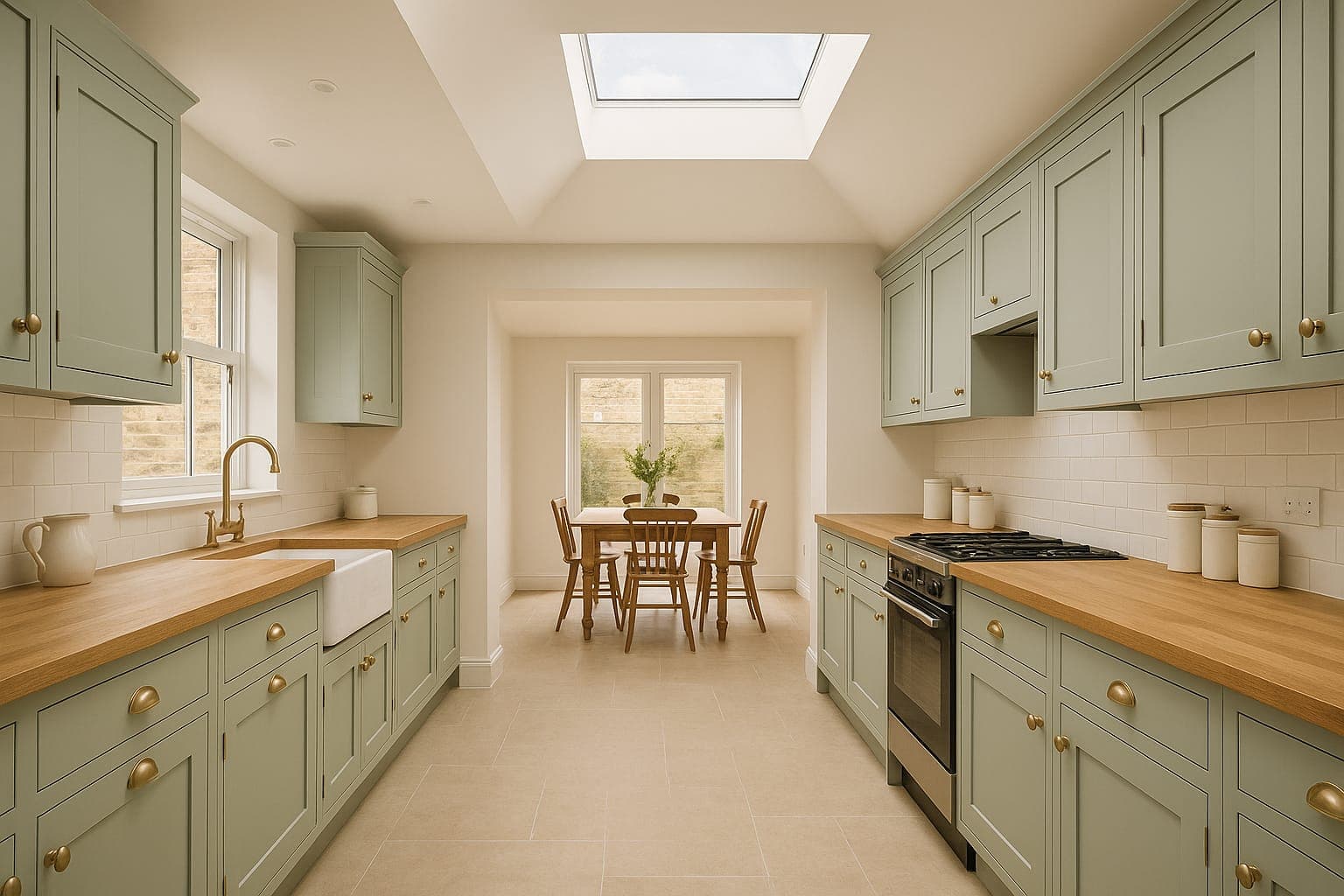 Modern kitchen island installed in a rear extension with roof lantern