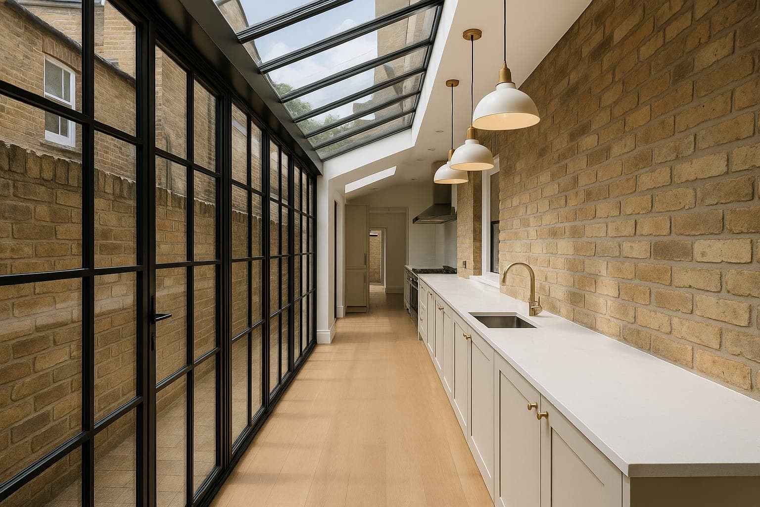 Structural steelwork and RSJ beam during a kitchen extension build