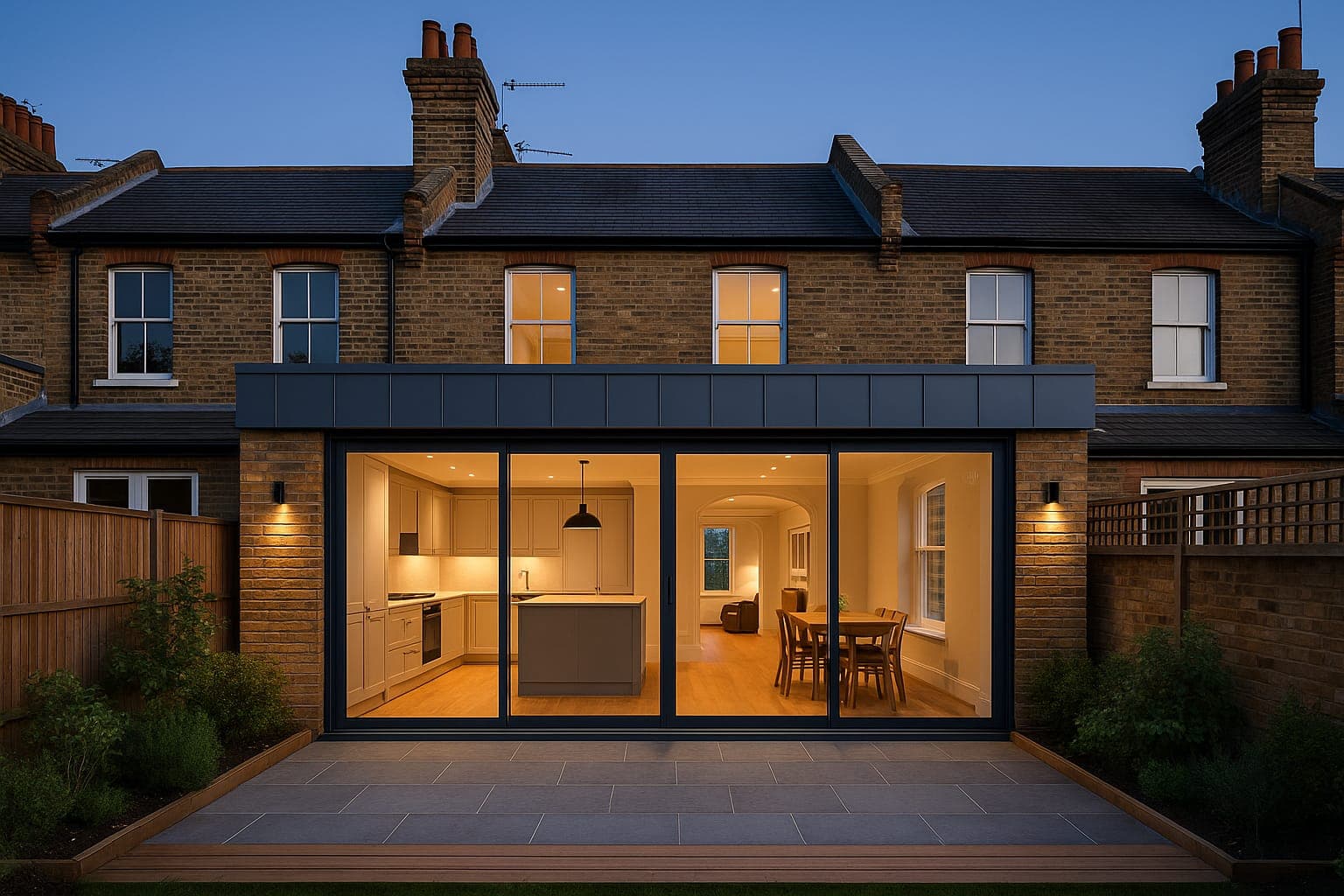 Completed wraparound kitchen extension with underfloor heating and premium finishes