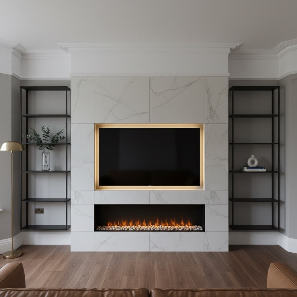 Bespoke media wall with electric fireplace and slatted oak cladding in a Victorian living room