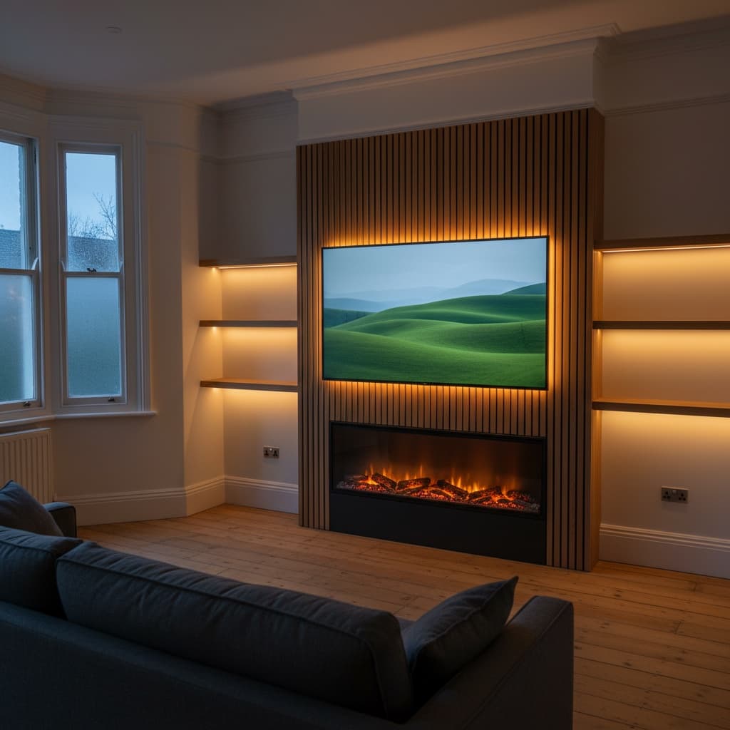 Media wall with integrated shelving and ambient LED lighting, South East London