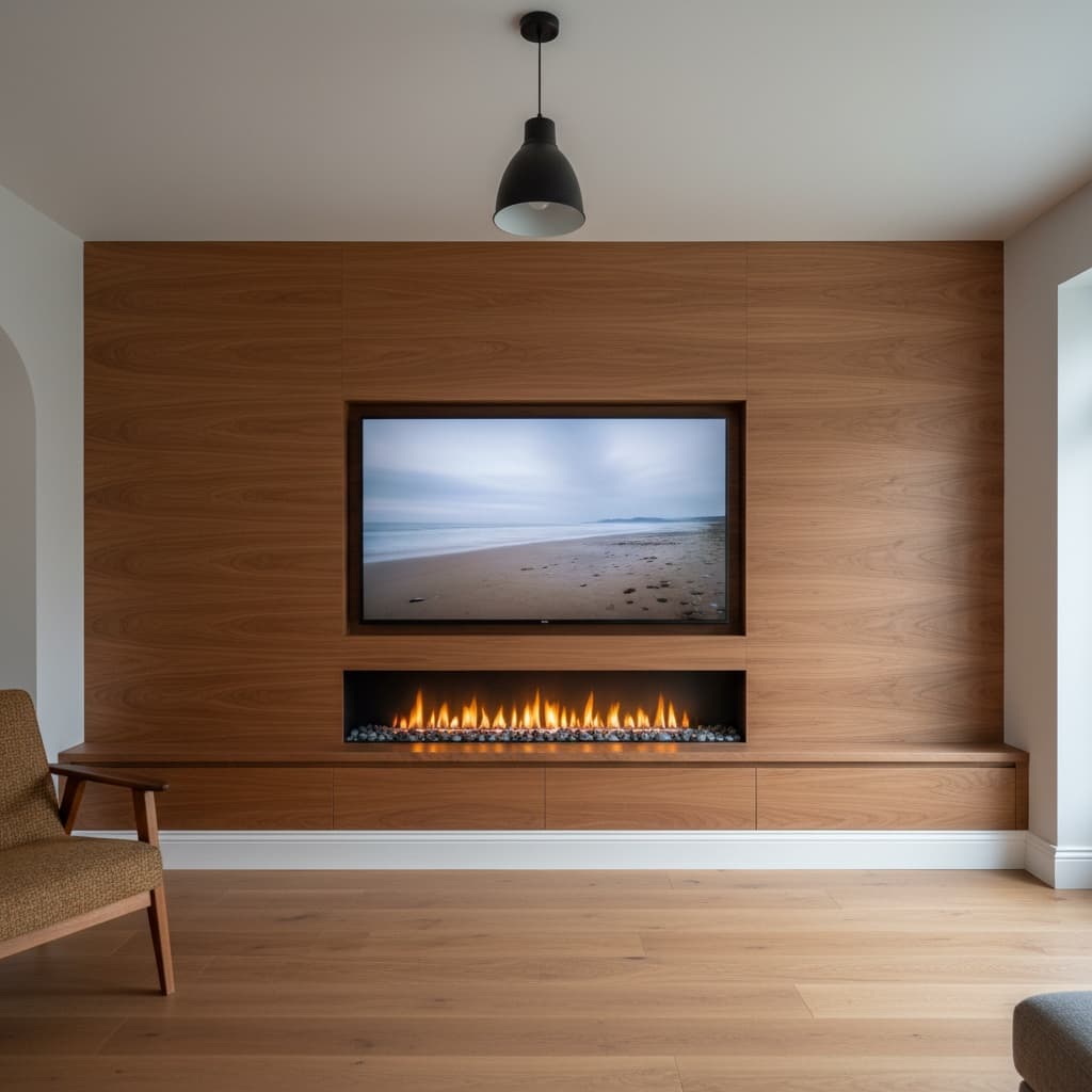 TV recess and electric fireplace with marble-effect surround on a finished media wall