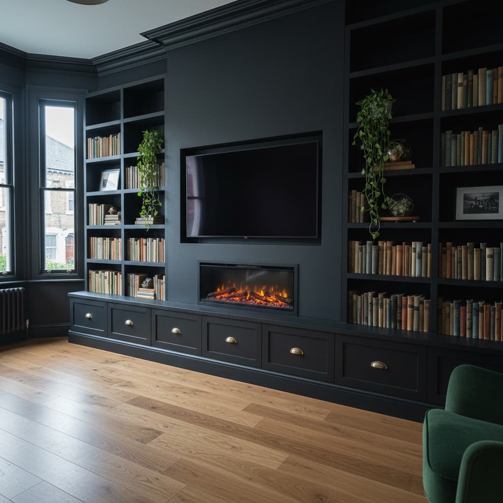 Open-plan living room media wall with hidden cable management and smart lighting