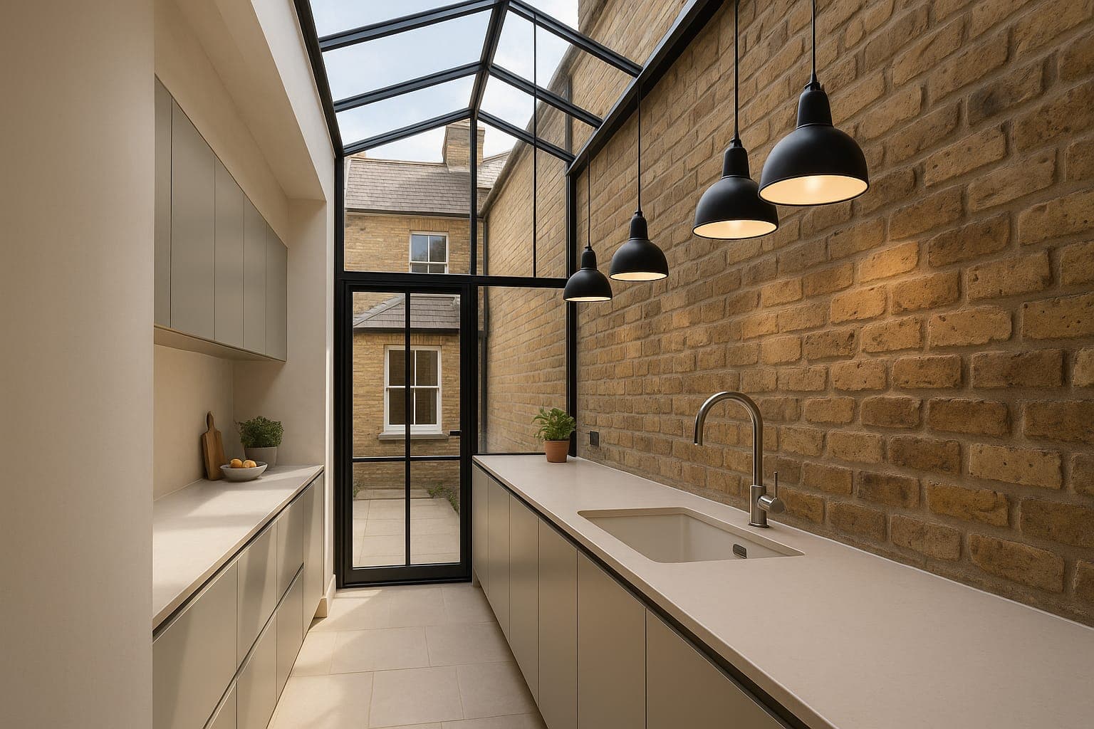 Side return extension with glazed roof flooding a kitchen with natural light