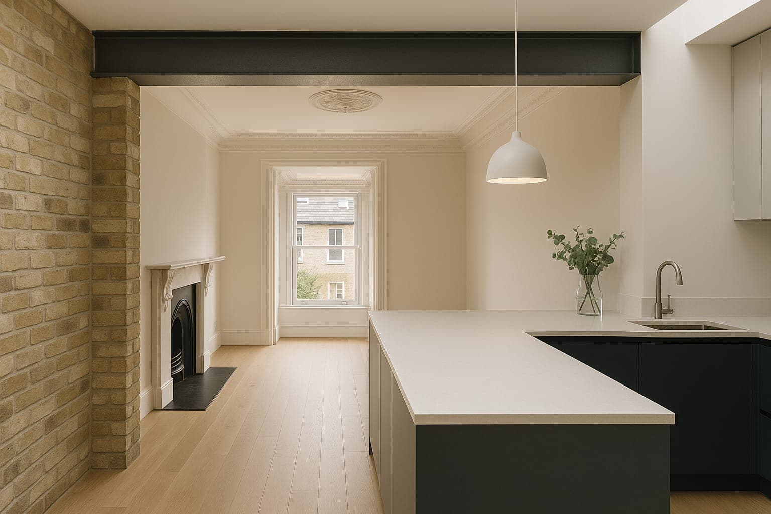 Open-plan kitchen-diner created by infilling the side passage of a terraced house