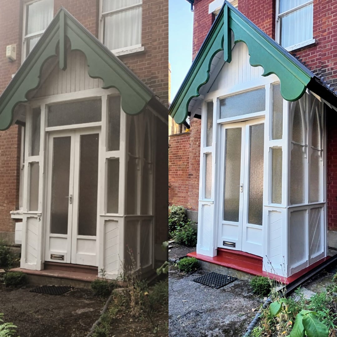 Side by side comparison of weathered Victorian porch on the left and freshly restored porch with green and white paintwork on the right