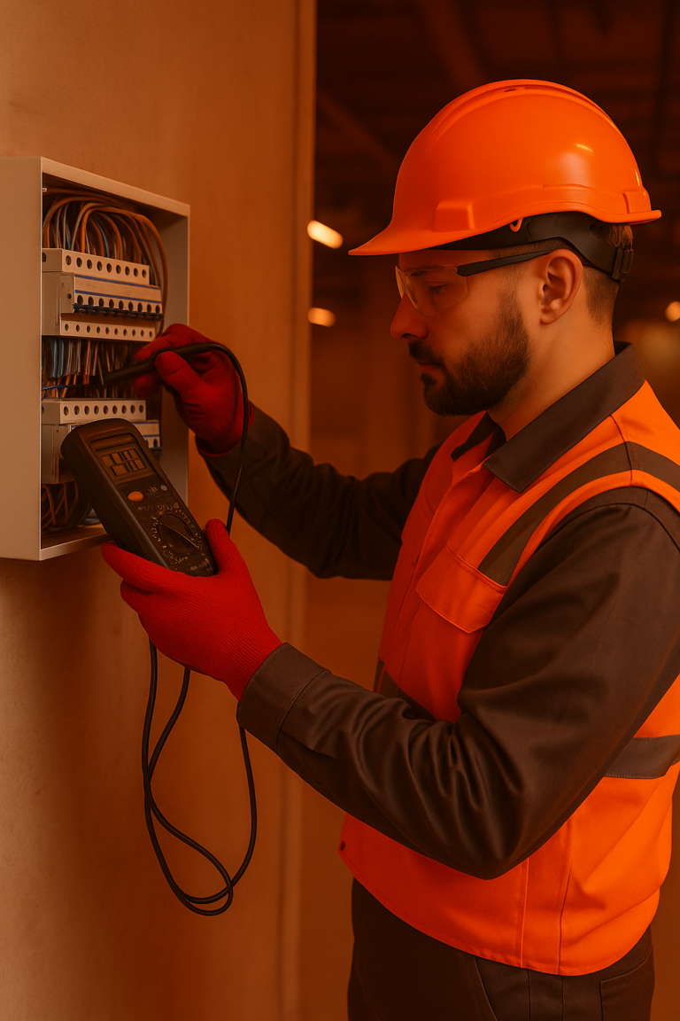 a man in orange hard hat and gloves using a multimeter
