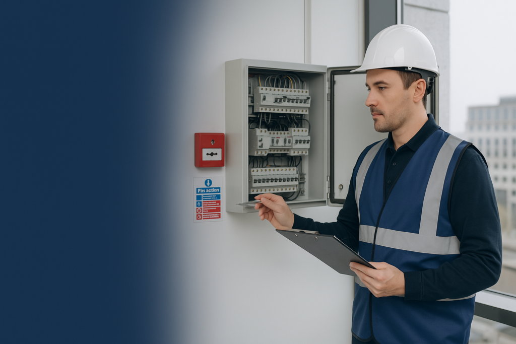 a man wearing a hard hat and holding a clipboard