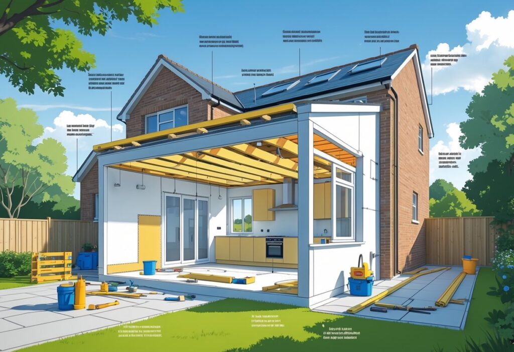 a house under construction with text below