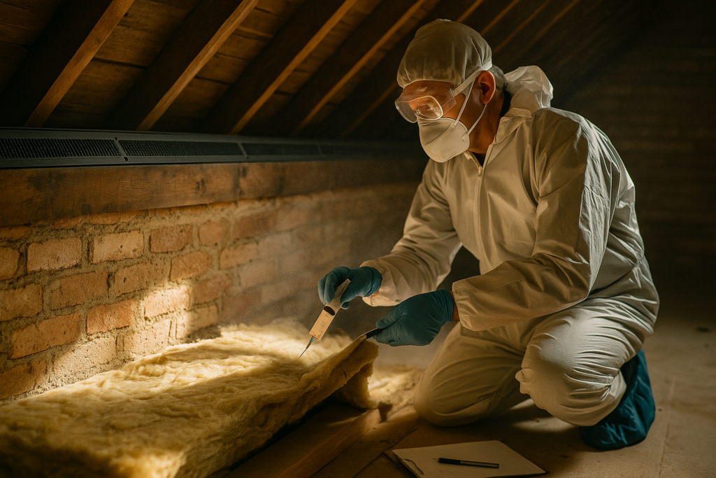 Installer lifting loft insulation away from eaves while fitting a continuous ridge vent to a Victorian roof.